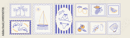 Set of vintage hand drawn summer postcards. Collection of retro style postal stickers for vacation. Vector flat illustration.