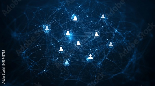 Digital network with connected user icons representing virtual communication system