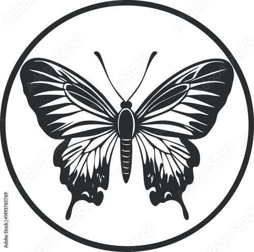 Black and white butterfly silhouette centered inside a circular frame illustrating natural insect wings