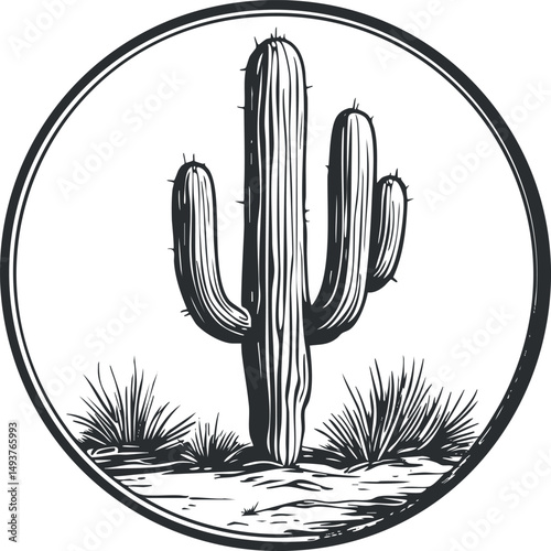 Black and white illustration of a cactus plant with surrounding desert shrubs in a circular frame
