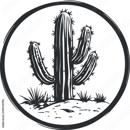 Black and white illustration of a cactus plant growing in sandy desert environment with spines