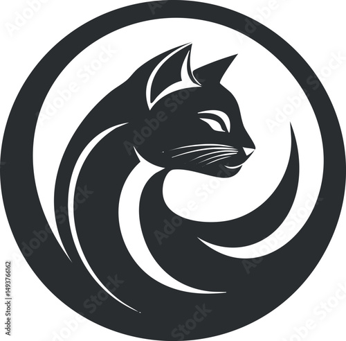 Stylized black and white cat silhouette in a circular design, representing feline elegance and mystery.