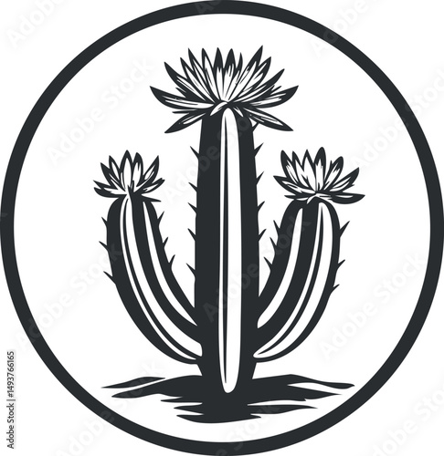 Black and white illustration of a spiky cactus plant with three arms inside a circular frame