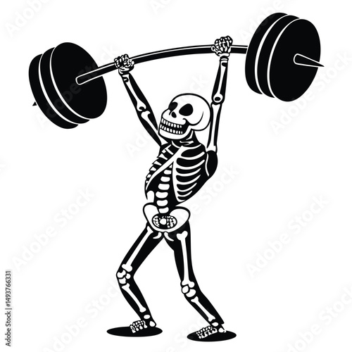 A strong skeleton weightlifting a heavy barbell illustration