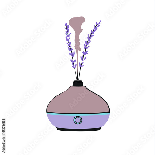 Flat minimal bold silhouette vector of essential oil diffuser lavender silhouette with a light blue accent detail health wellness vector