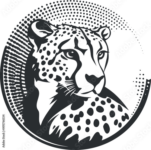 Black and white stylized illustration of a cheetah head with spotted fur inside a circular frame