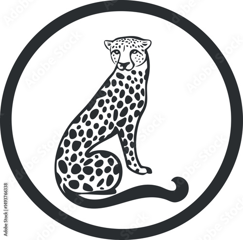 Black and white stylized illustration of a sitting cheetah with spots inside a circular frame