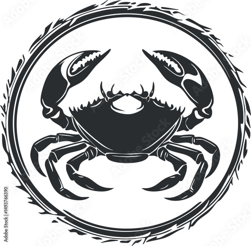 Black silhouette of a crab inside a circular frame representing marine life and seafood themes