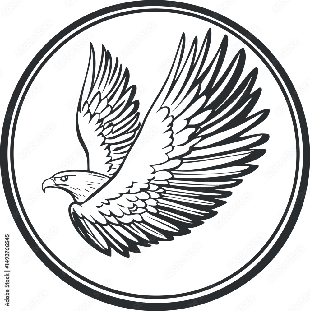 Obraz premium Black and white illustration of a flying eagle with spread wings inside a circular frame symbolizing strength and freedom