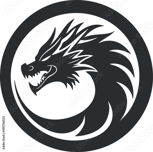 Black and white circular dragon silhouette with fierce head and spiked tail fantasy symbol