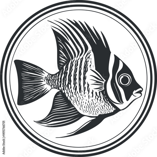 Black and white illustration of a tropical fish with detailed fins and scales inside circular frame