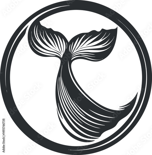 Black and white graphic illustration of a whale tail fin inside a circular frame symbolizing marine life and ocean wildlife.