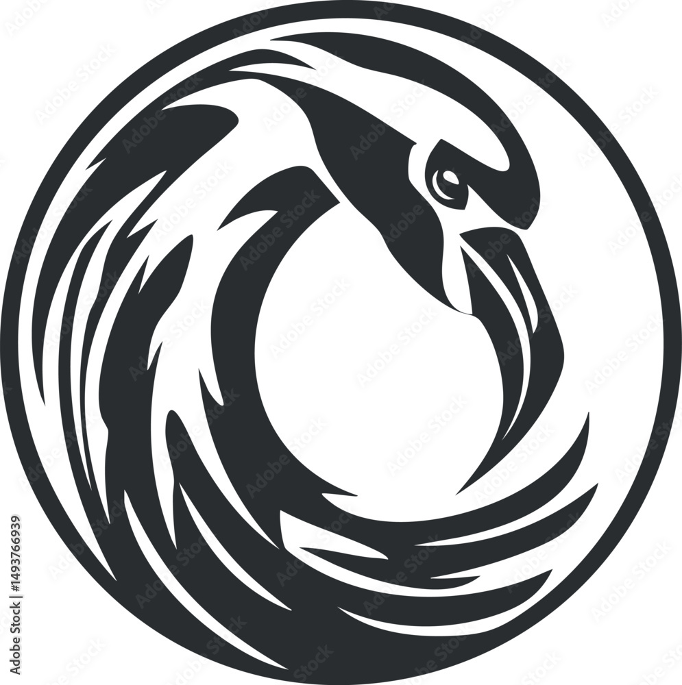 Fototapeta premium Abstract black and white circular eagle logo design with stylized feathers and sharp beak