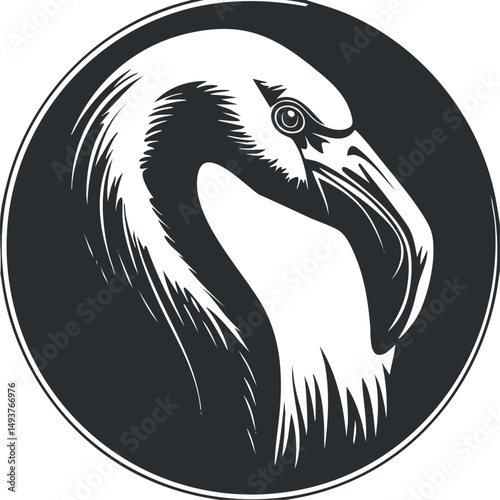 Stylized black and white illustration of a flamingo head in profile inside a circular frame