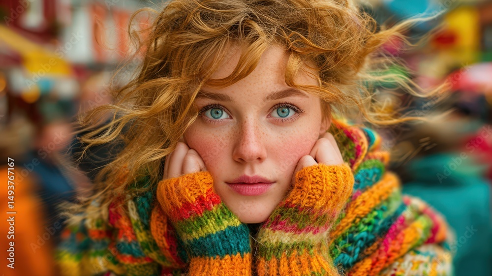 Young Teenage Girl Wearing Colorful Striped Sweater and Scarf Posing Outdoors with Bright Smile Young Teenage Girl Wearing Colorful Striped Sweater and Scarf Posing Outdoors with Bright Smile
