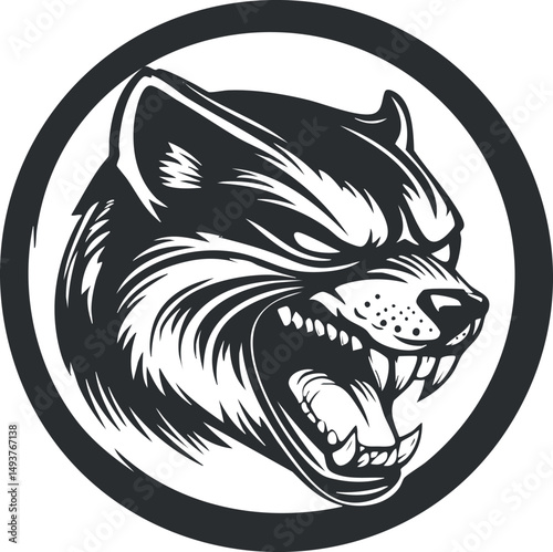Black and white illustration of an angry snarling wolf head inside a circle symbolizing fierceness and wild nature.
