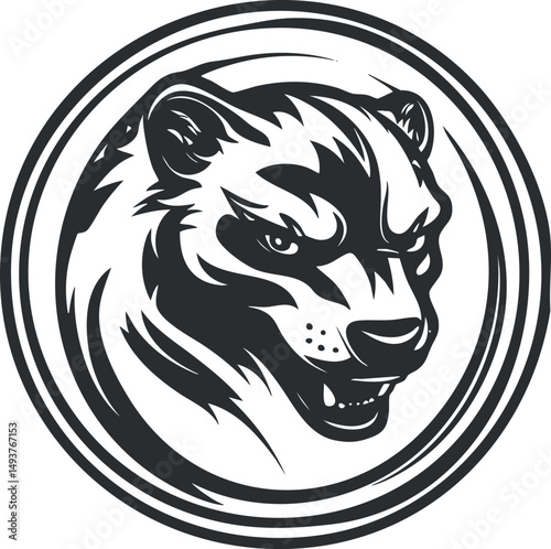 Stylized black and white fierce badger head illustration inside circular frame