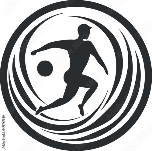 Black silhouette of a soccer player kicking a ball inside swirling circular motion design