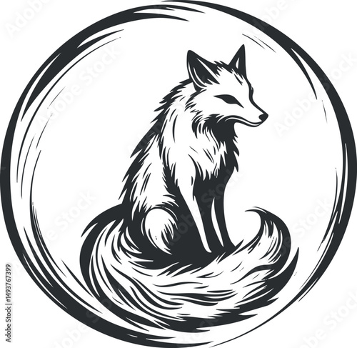 Black and white stylized illustration of a sitting fox inside a circular frame with detailed fur and tail