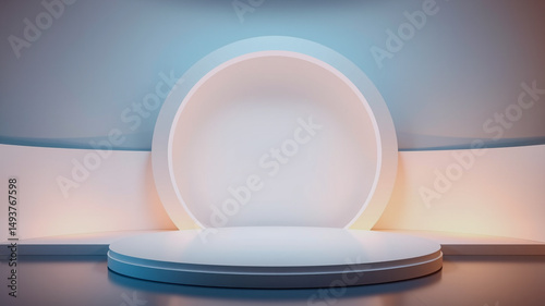 Minimalist 3d rendered product display stage with a circular backdrop and platform for presentations.