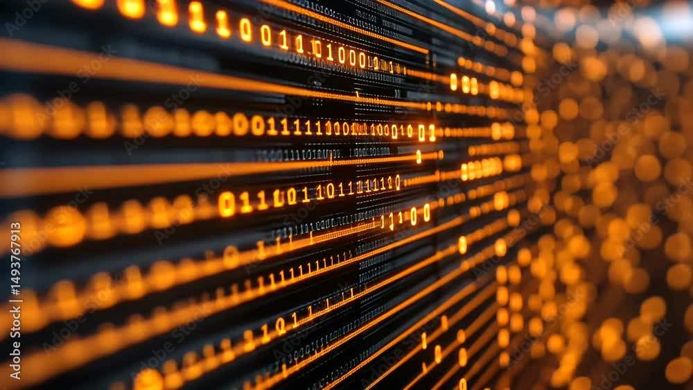 Abstract data stream of zeros and ones, glowing orange in digital space