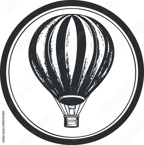 Vintage black and white hot air balloon illustration inside a circular frame symbolizing travel and adventure