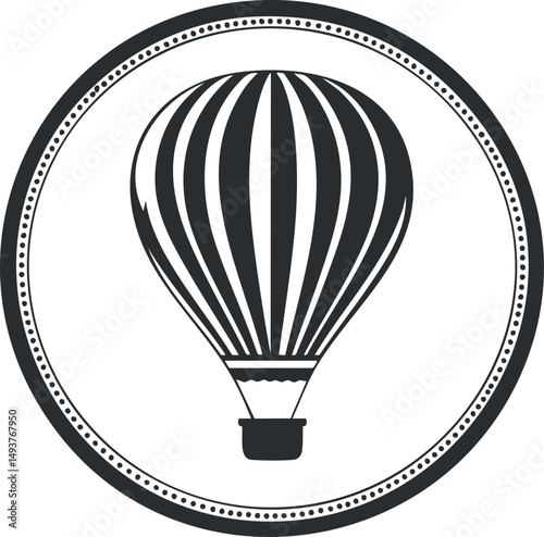 Black and white icon of a hot air balloon inside a dotted circular border symbolizing travel and adventure