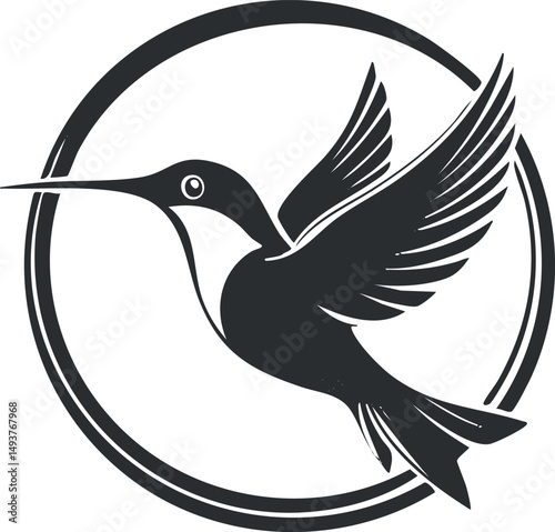 Black and white silhouette of a hummingbird in flight inside a circular frame icon