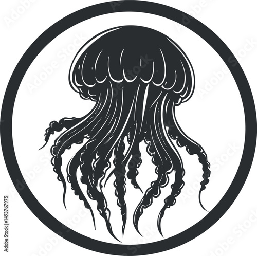 Black and white silhouette of a jellyfish with long tentacles inside a circular frame