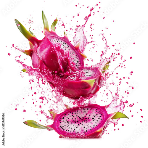 Vibrant dragon fruit splash isolated on transparent background, perfect for tropical beverage promotions, food styling, and exotic fruit marketing.png