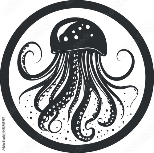 Black and white illustration of a jellyfish with flowing tentacles inside a circular frame
