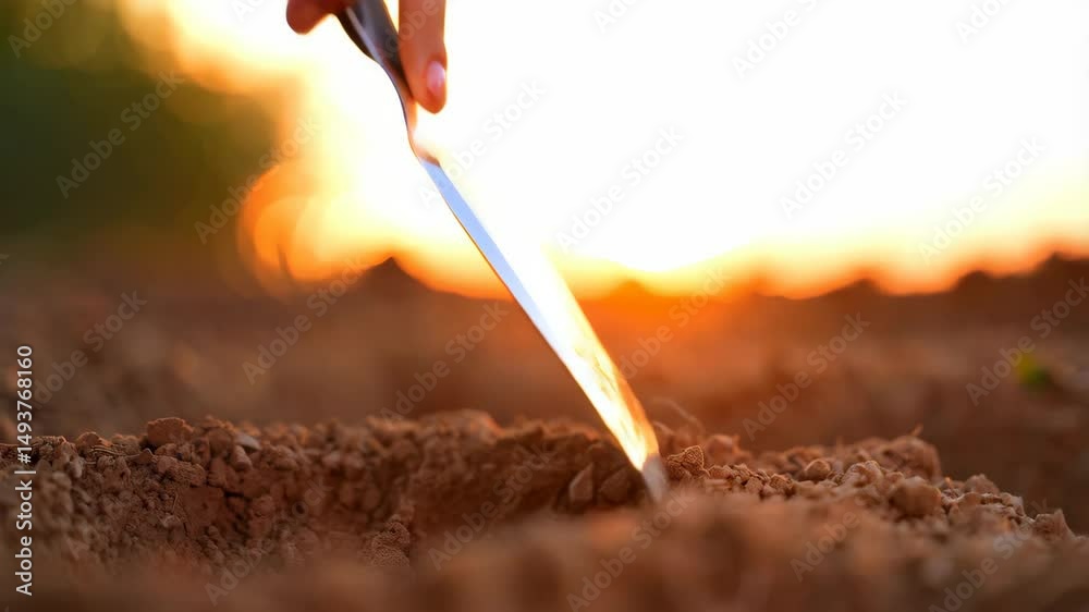 Close-up shot of hand with trowel planting small plants in soil at golden sunset. Preparing ground for cultivation. Gardening, agriculture, environment concept.