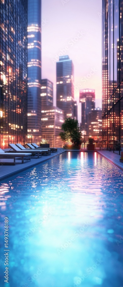 Fototapeta premium 3d rendering of a rooftop swimming pool with a city skyline in the background. the pool is rectangular in shape and has a blue-tinted water surface.