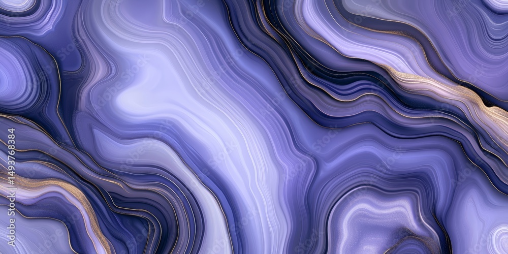 Fototapeta premium Abstract Fluid Art Background. Delicate Blue Flowing Waves, Digital Ink Painting With Gold Accents