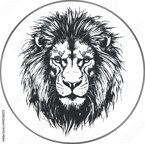 Detailed black and white illustration of a lion head with a majestic mane inside a circular frame