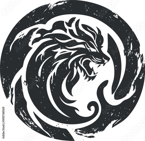 Abstract black and white circular dragon design with fierce expression and swirling elements