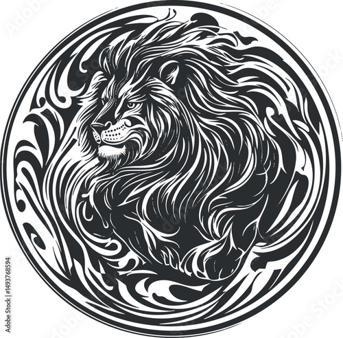 Black and white circular illustration of a fierce lion with flowing mane, symbolizing strength and power.
