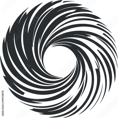 Black spiral swirl abstract design with dynamic curves forming a rotating vortex pattern