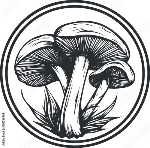Black and white illustration of three mushrooms growing in grass with a circular frame around them