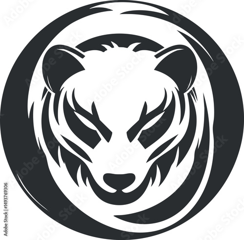 Black and white stylized tiger head logo with circular design representing strength and wildlife