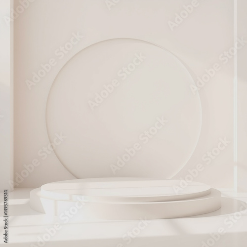Minimalist 3d rendered stage with circular wall element for product presentation and display