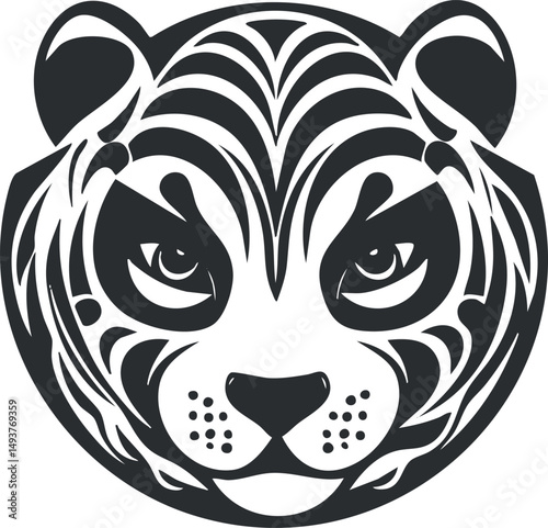 Black and white stylized vector illustration of a tiger face with detailed stripes and fierce expression