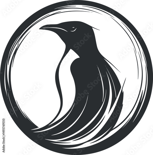 Stylized black and white penguin silhouette inside a circular brush stroke frame symbolizing wildlife and nature.