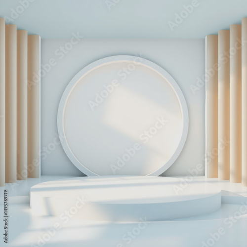 Minimalist 3d rendered studio podium with circular backdrop and architectural design elements