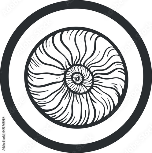 Black and white stylized spiral shell design with organic flowing lines and circular shapes