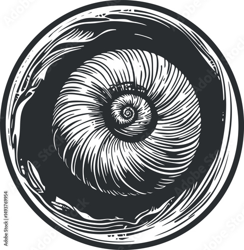 Black and white illustration of a spiral nautilus shell with detailed lines and circular patterns in a round frame