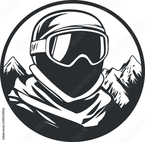 Monochrome icon of a helmeted skier or snowboarder wearing goggles and scarf with mountain background