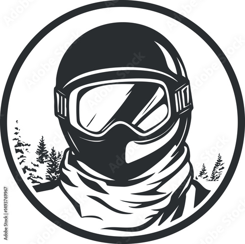 Black and white illustration of a person wearing helmet goggles and scarf in a circular frame with forest background