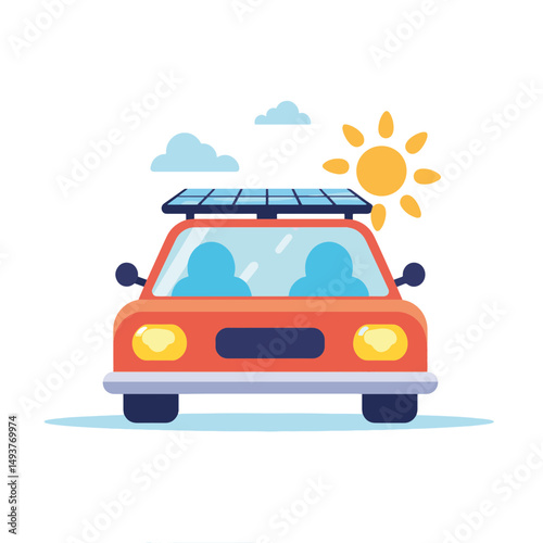 Colorful solar-powered car with two passengers smiling under a bright sun and fluffy clouds, eco-friendly transportation concept of green energy or automotive industry