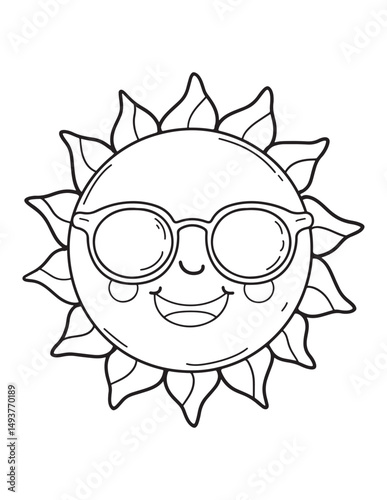 Sun Character with Cool Sunglasses – Happy Cartoon Sunshine Line Art Coloring Page for Kids